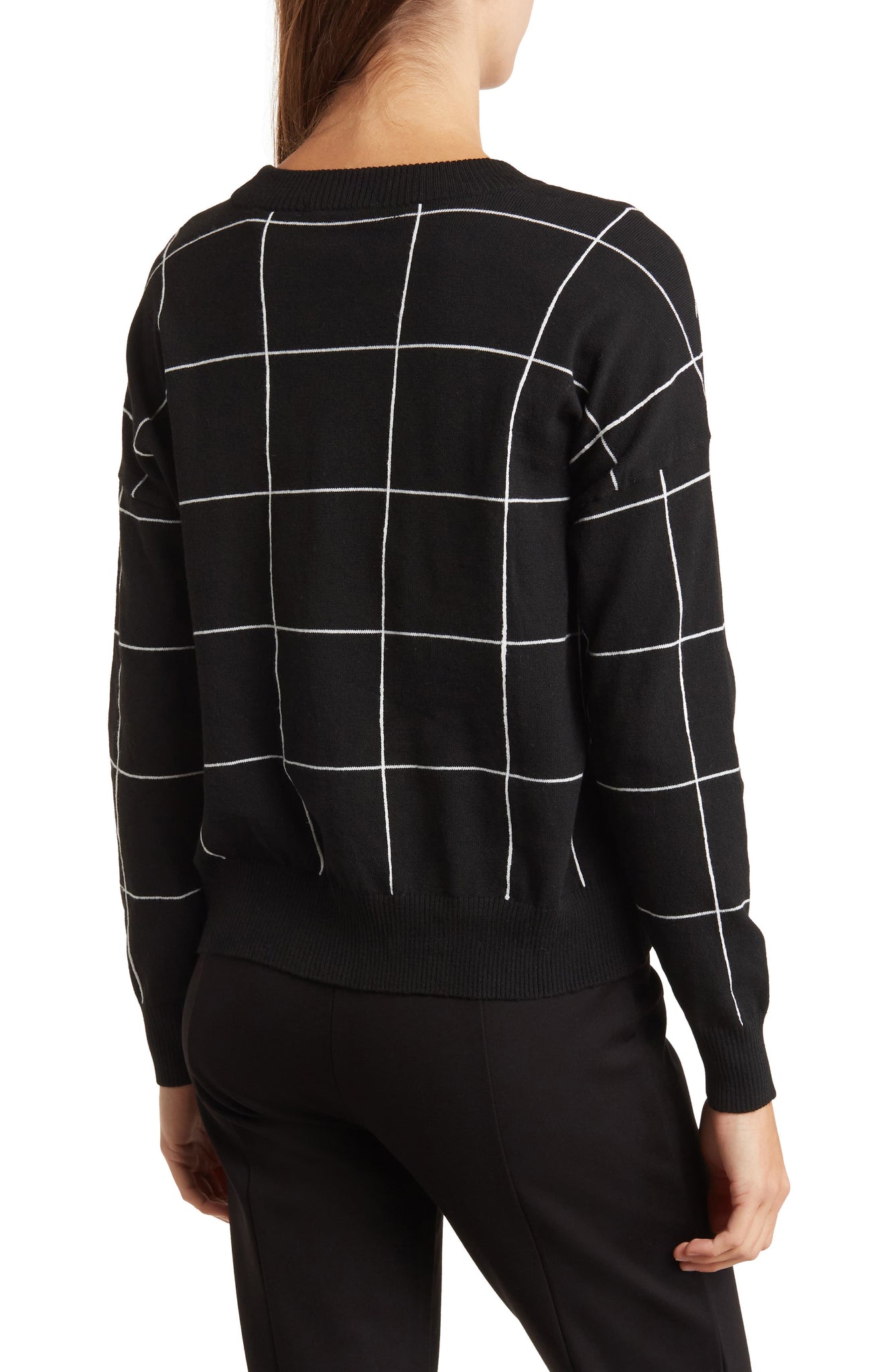 T Tahari Long Sleeve Crewneck Pullover, Alternate, color, BLACK/WHITE WINDOW