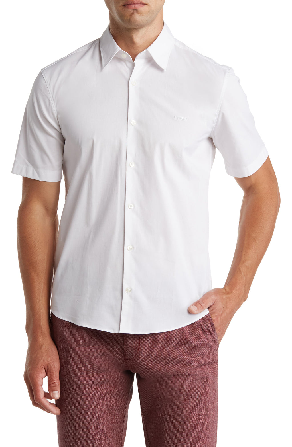 HUGO Ermino Short Sleeve Stretch Cotton Button-Up Shirt, Main, color, OPEN WHITE