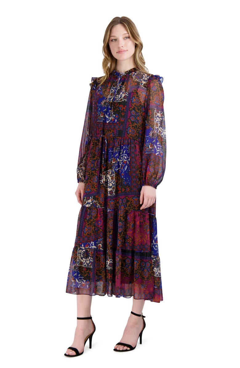 JULIA JORDAN Floral Print Long Sleeve Drawstring Waist Midi Dress