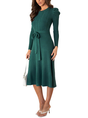 Pudcoco Women Long Sleeve Knit Midi Dress Solid Color Tie Belted Knitted Sweater Dress A-Line Midi Dresses - image 2 of 7