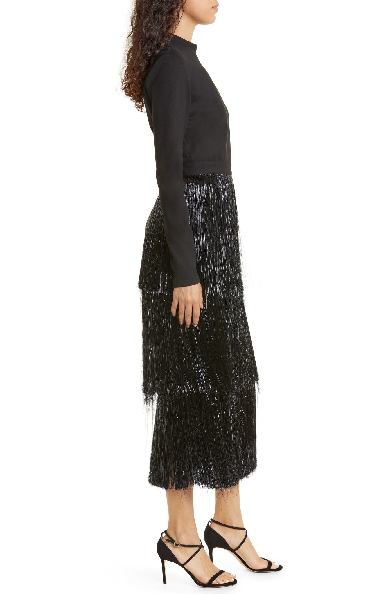 SIMKHAI Barrett Tinsel Long Sleeve Cocktail Dress, Alternate, color, BLACK
