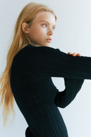 Sheer Rib-knit Mock Turtleneck Top