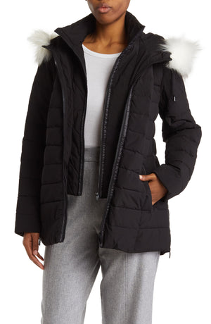 DONNA KARAN NEW YORK Zip Bib Faux Fur Hooded Puffer Jacket, Main, color, BLACK