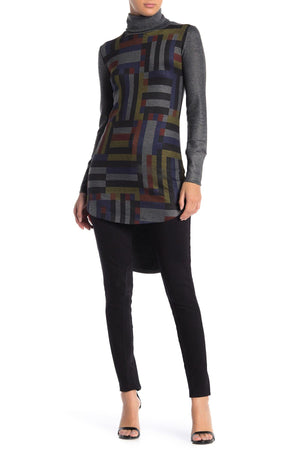 GO COUTURE Turtleneck High/Low Hem Tunic Sweater, Main, color, CHARCOAL COLORFUL GEO