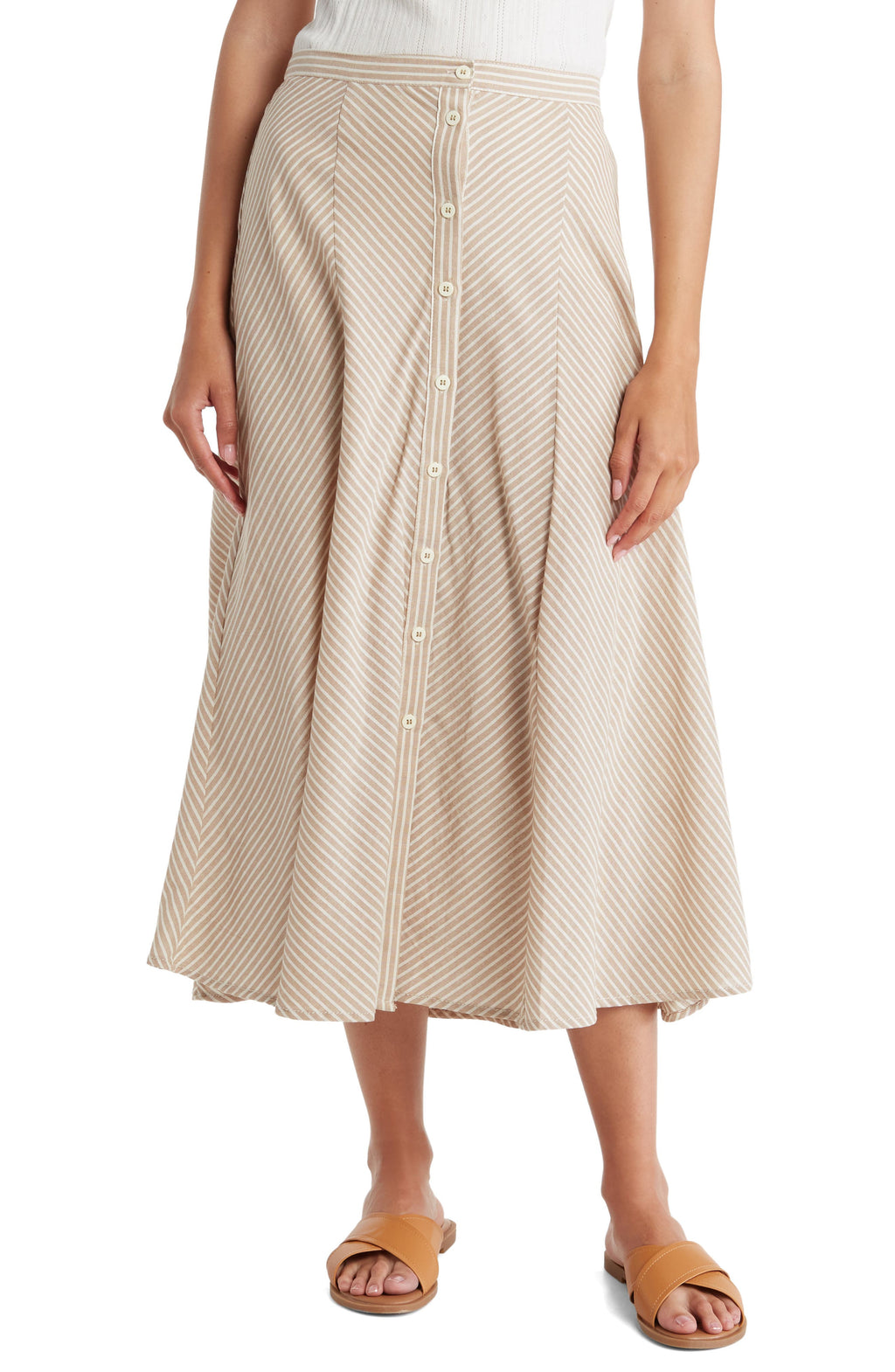 MAX STUDIO Stripe Button Front Cotton Skirt, Main, color, KHAKI/ WHITE STRIPE