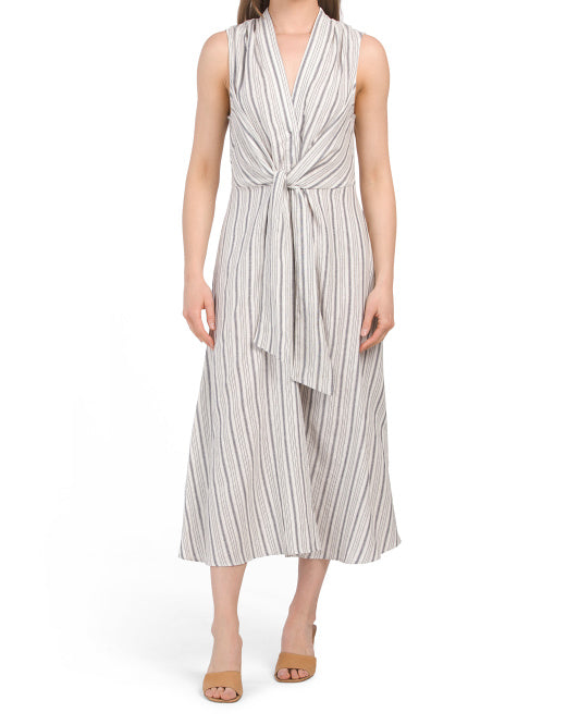 Linen Blend Sleeveless Striped Midi Dress