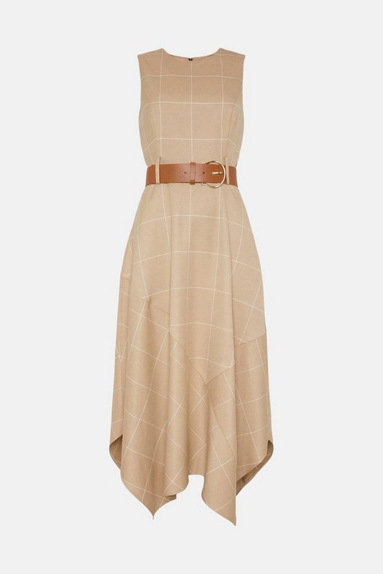 Check Belted High Low Midi Dress