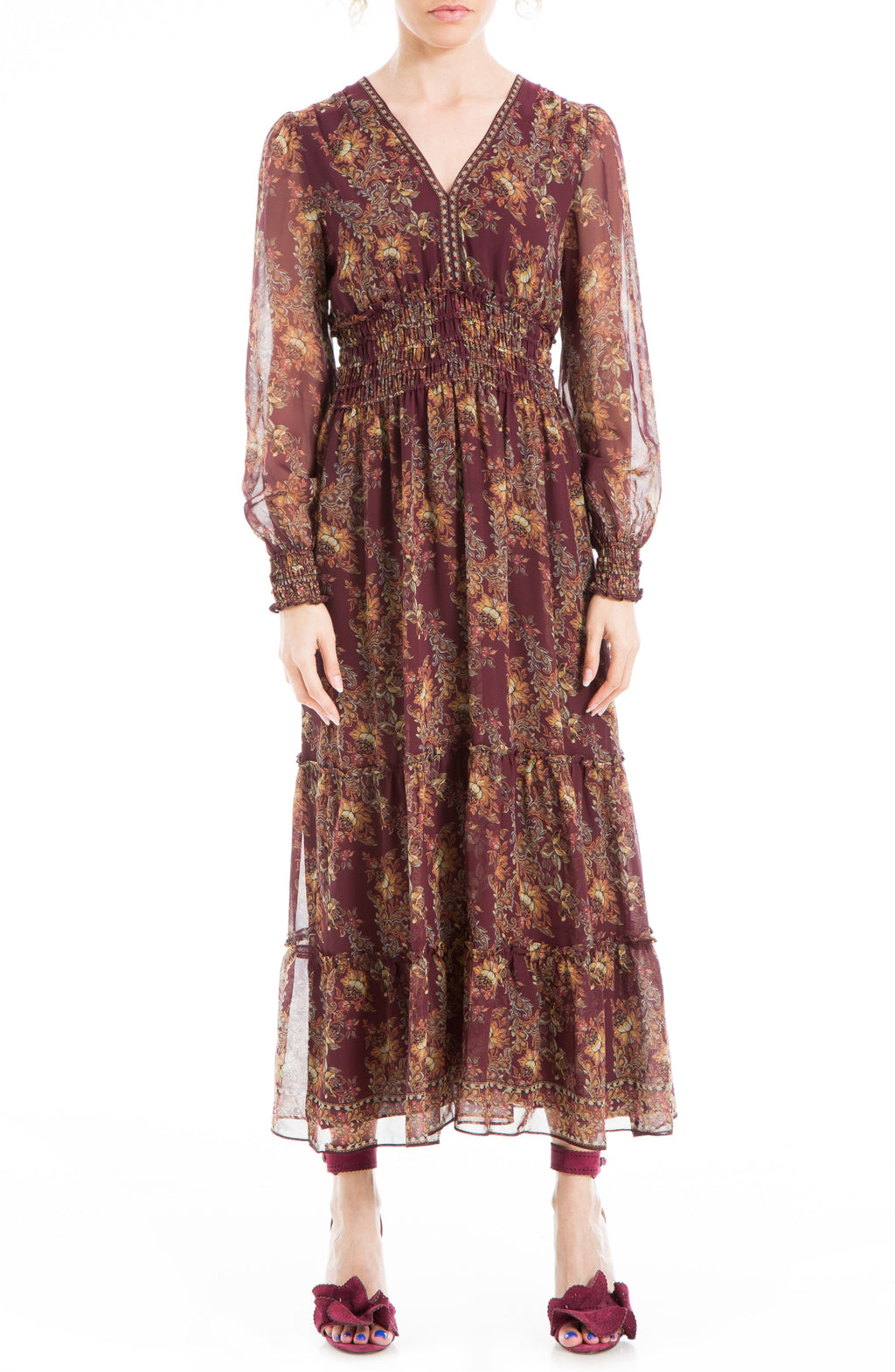 MAX STUDIO Floral Long Sleeve Maxi Dress, Main, color, WINE MULTI