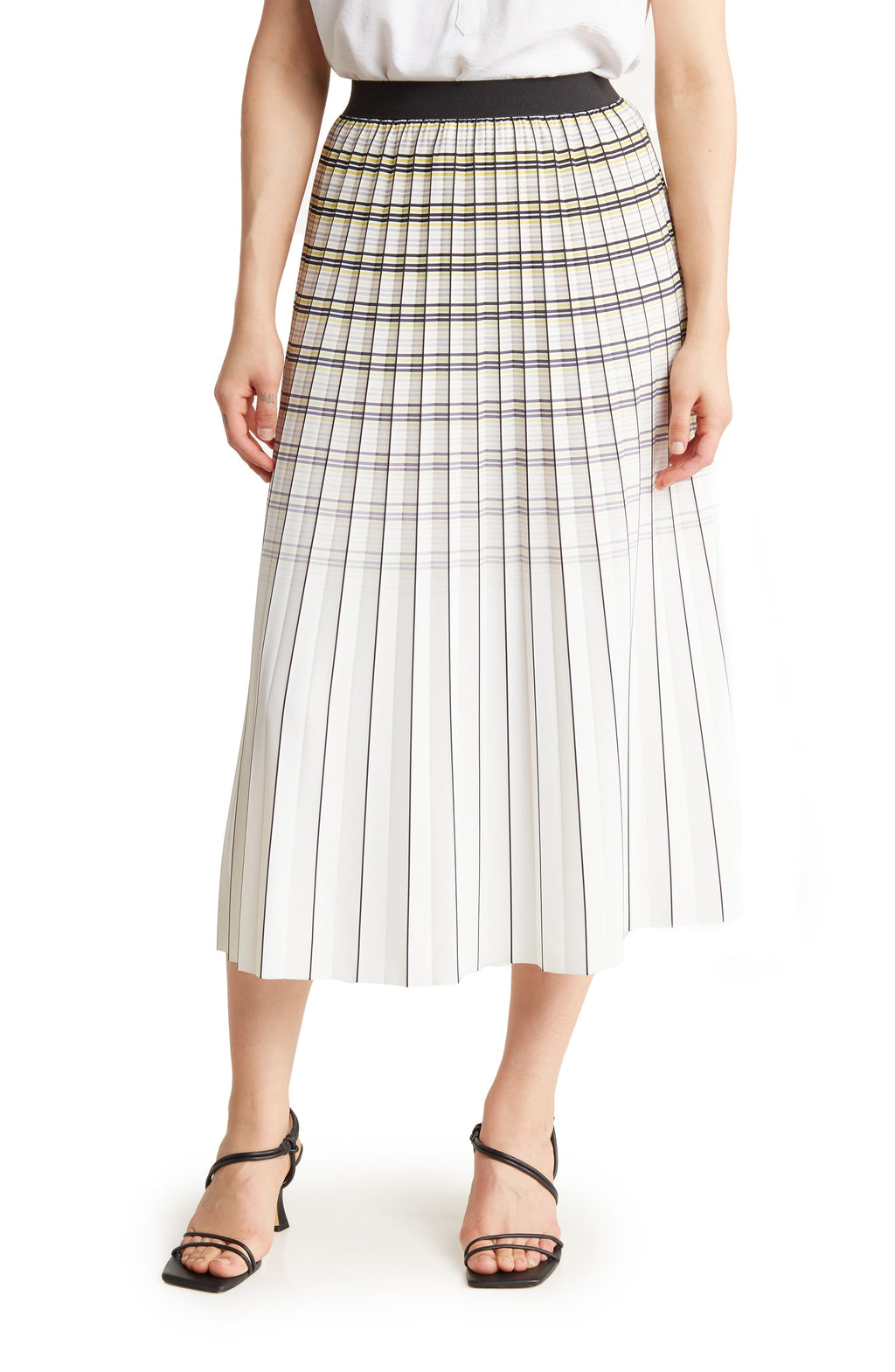 ADRIANNA PAPELL Ombré Plaid Pleat Skirt, Main, color, IVORY/LEMONGRASS OMBRE PLAID