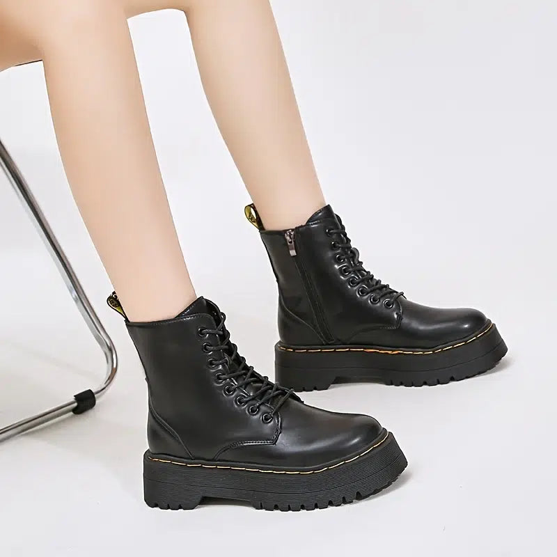 image 2 of Platform Black Short Combat Boots  Fashion Comfortable Zipper & Lace Up Boots  Women‘s Outdoor Footwear