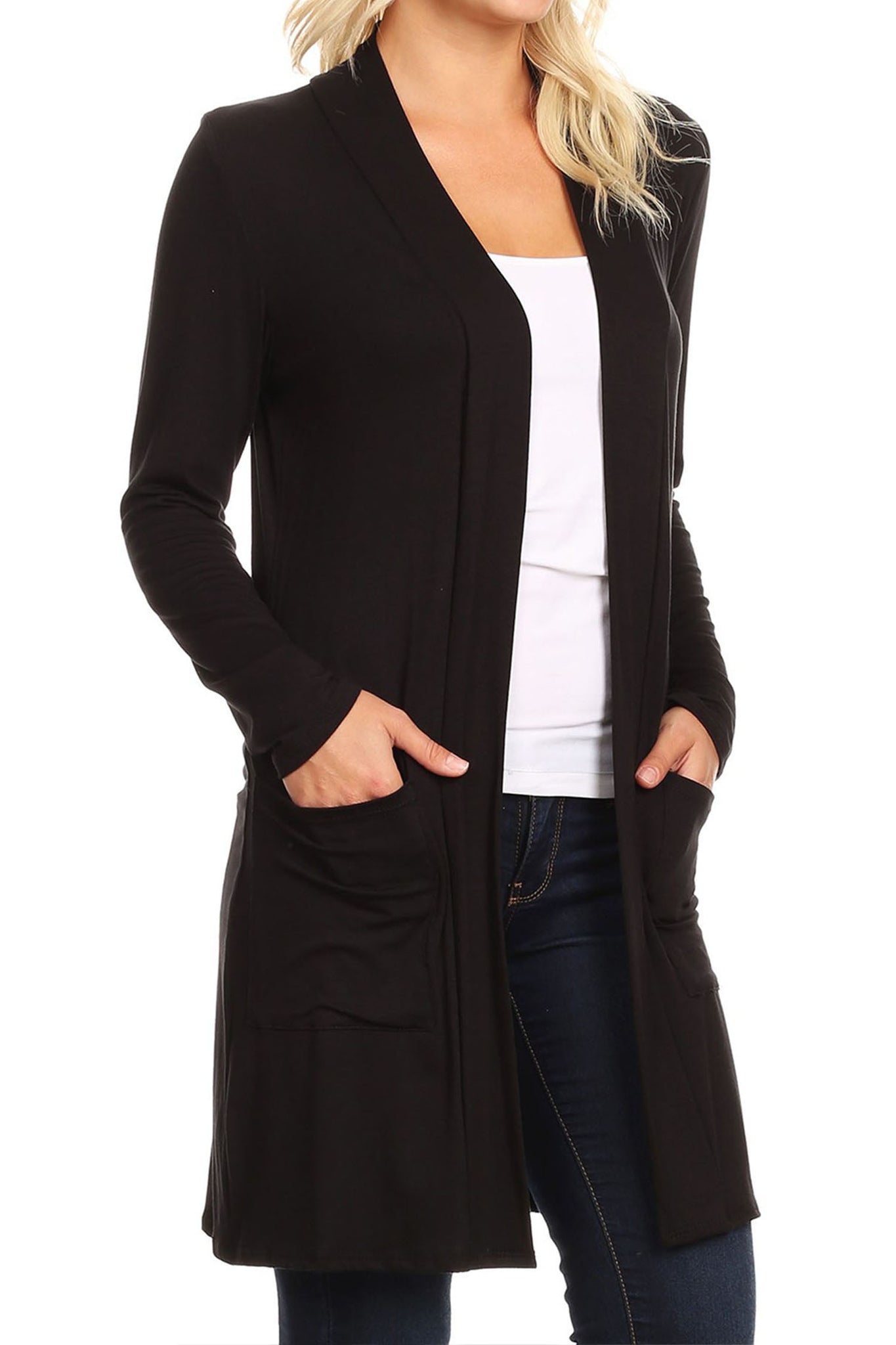 Women's Long Sleeves Loose Fit Open Front Side Pockets Solid Cardigan Made in USA - image 2 of 4