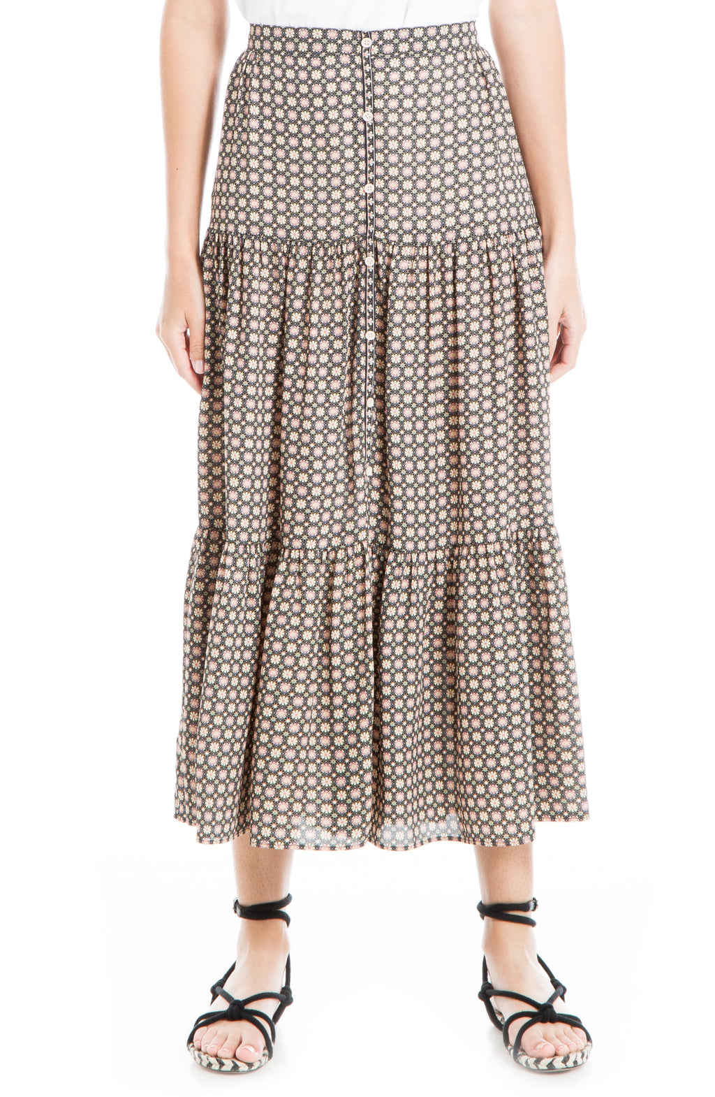 MAX STUDIO Floral Button Front Tiered Maxi Skirt, Main, color, BLACK/ SEPIA DAISY CUBE