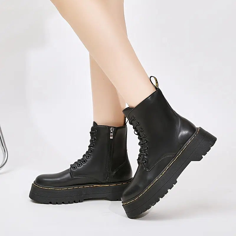 image 6 of Platform Black Short Combat Boots  Fashion Comfortable Zipper & Lace Up Boots  Women‘s Outdoor Footwear