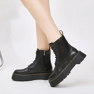 image 6 of Platform Black Short Combat Boots  Fashion Comfortable Zipper & Lace Up Boots  Women‘s Outdoor Footwear