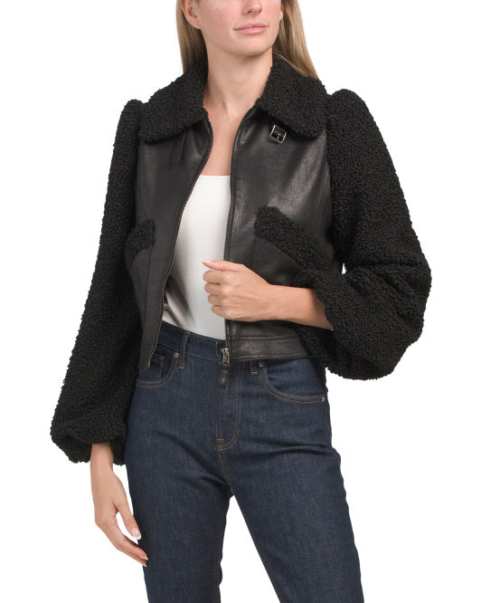 Faux Leather Jacket With Faux Fur Sleeves And Collar