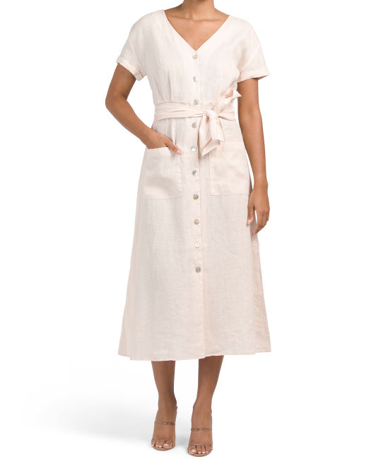 Linen Short Sleeve Belted V-neck Midi Dress