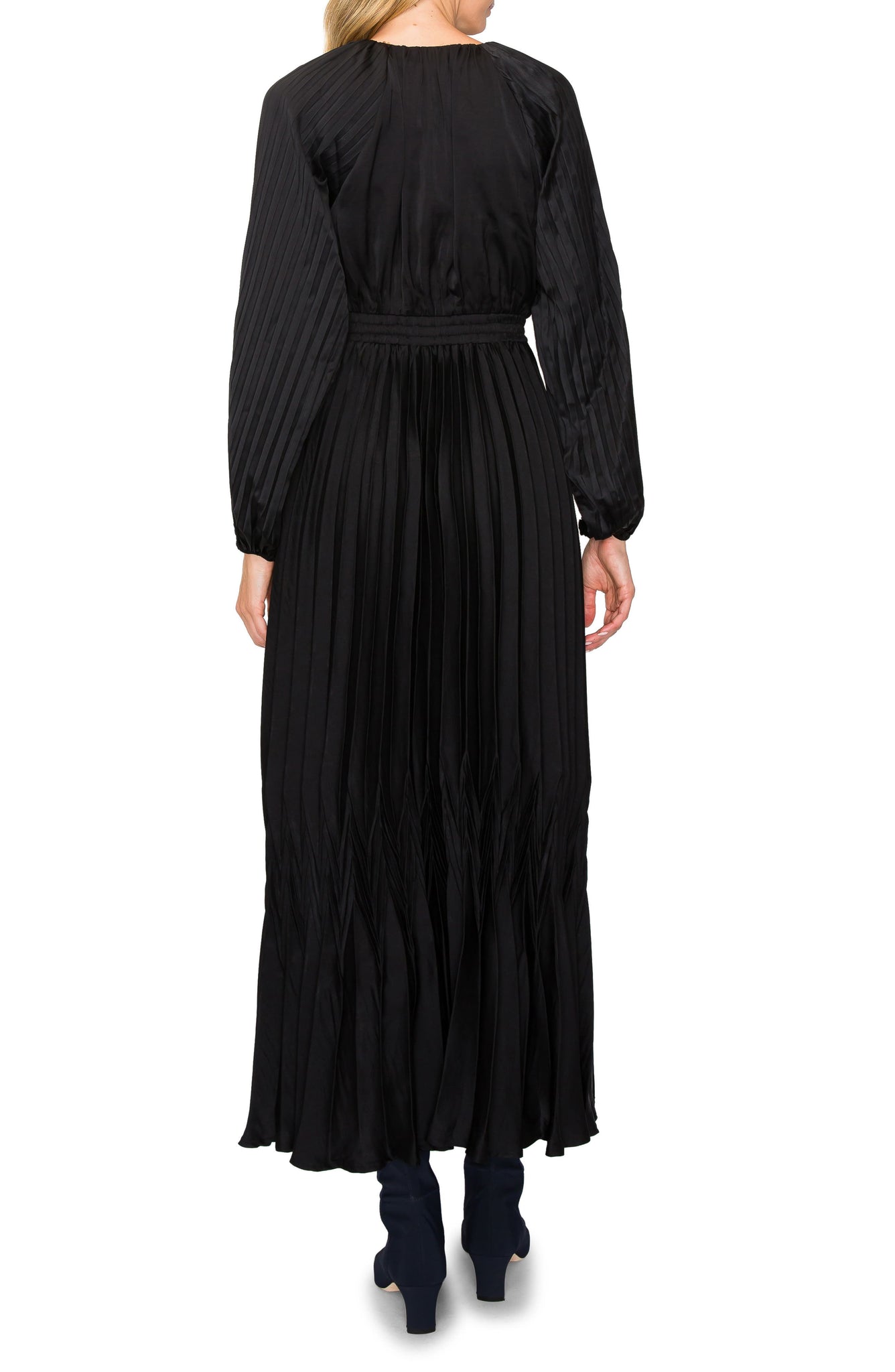 MELLODAY Pleated Long Sleeve Satin Maxi Dress, Alternate, color, BLACK