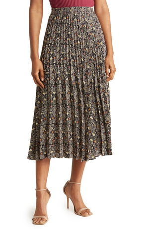 MAX STUDIO Graduated Pleat Print Knee-Length Midi Skirt, Main, color, BLACK/ SAGE CARA FOLK FLOWER