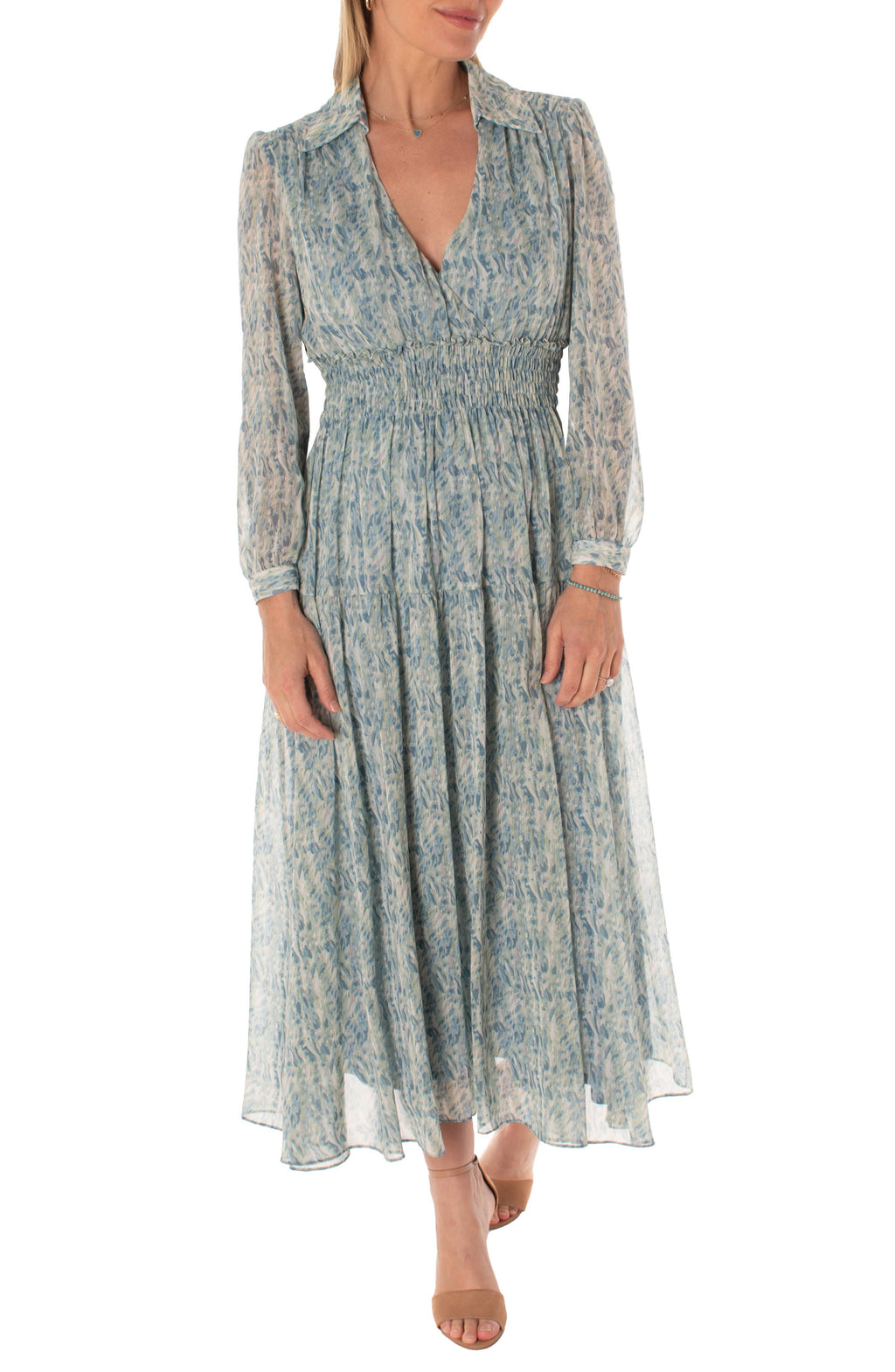 TAYLOR DRESSES Long Sleeve Smocked Maxi Dress, Main, color, SAGE PERIWINKLE