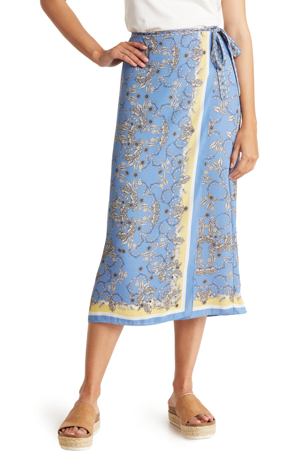 MAX STUDIO Floral Crepe Midi Wrap Skirt, Main, color, CHAMBRAY/ YELLOW PEONY