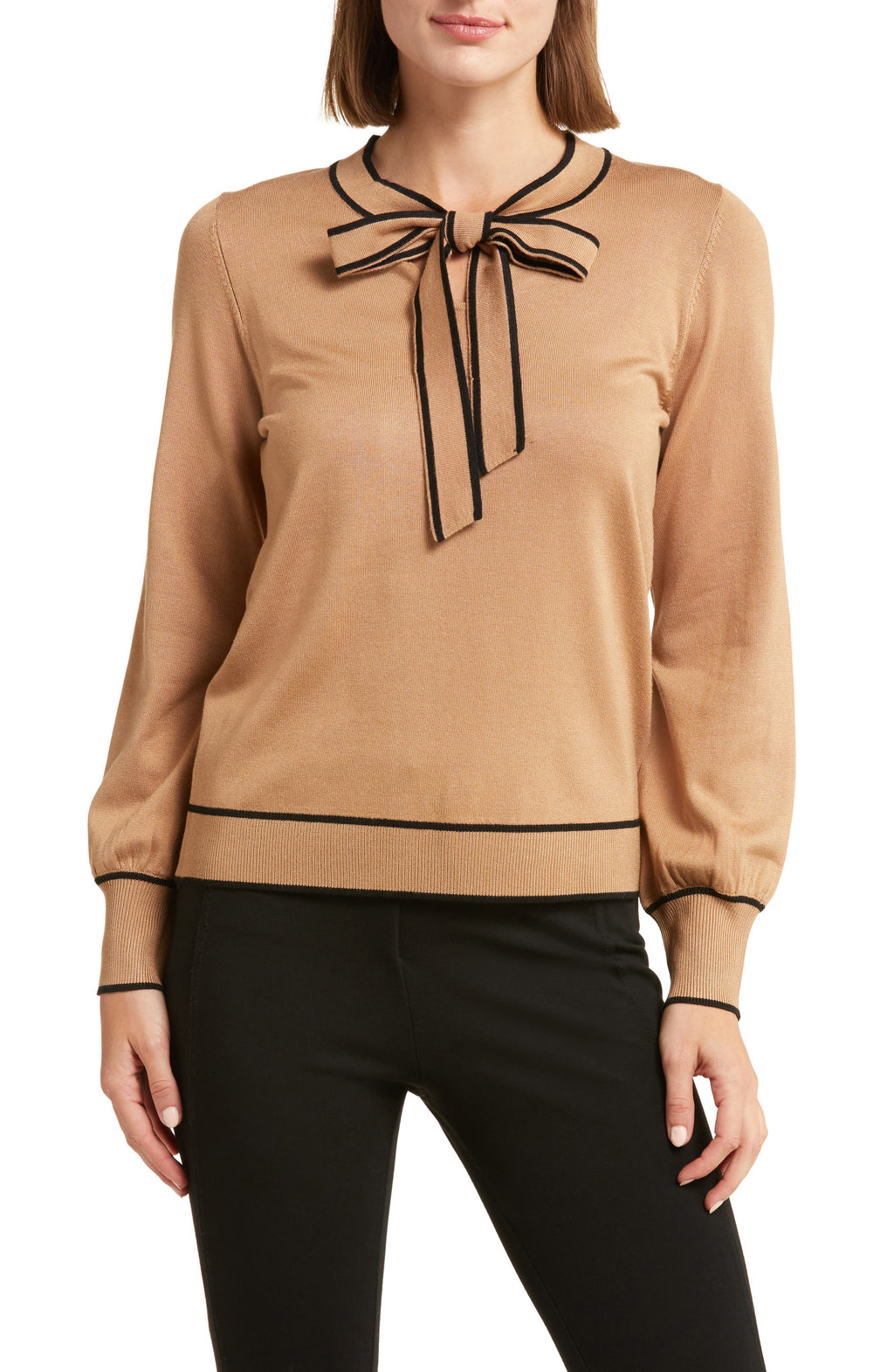 ADRIANNA PAPELL Tipped Bow Neck Sweater, Main, color, SOFT CAMEL/ BLACK
