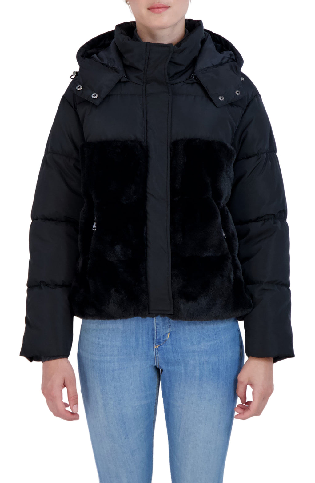 SEBBY Faux Fur Trimmed Hooded Puffer Jacket, Main, color, BLACK