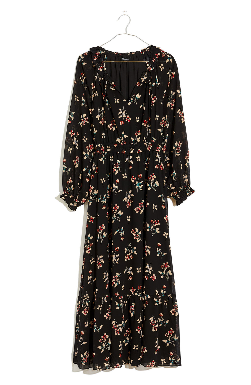 MADEWELL Posy Floral Gathered Neck Ruffle Dress, Alternate, color, TRUE BLACK