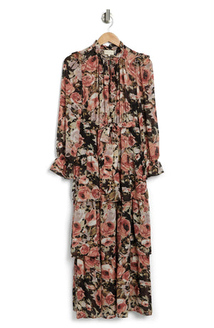 MELLODAY Tie Neck Long Sleeve Floral Print Maxi Dress, Main, color, BLACK RED ROSE