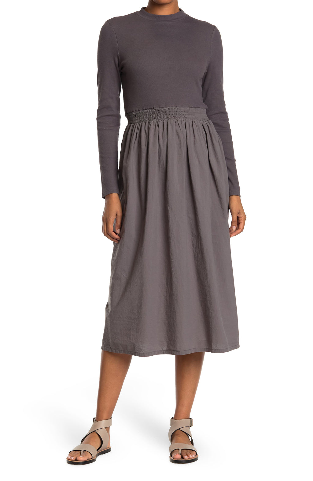 STITCHDROP,
                                                Mock Neck Long Sleeve Knit & Woven Midi Dress,
                                                Main thumbnail 1, color,
                                                STEEL