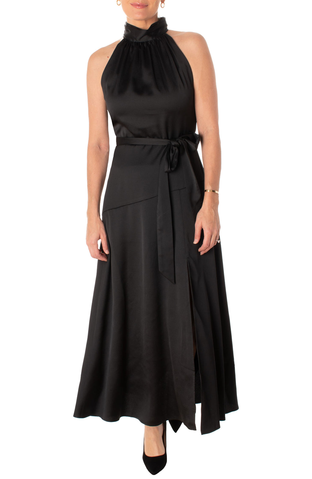 TAYLOR DRESSES Halter Neck Satin A-Line Dress, Main, color, BLACK
