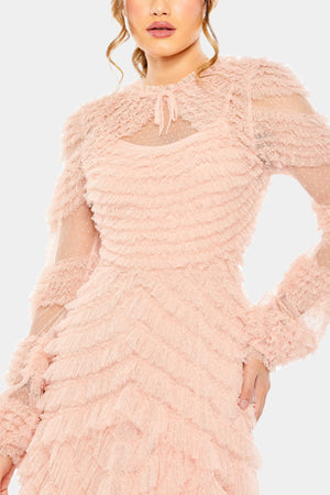 High Neck Puff Long Sleeve Ruffle Tiered Gown