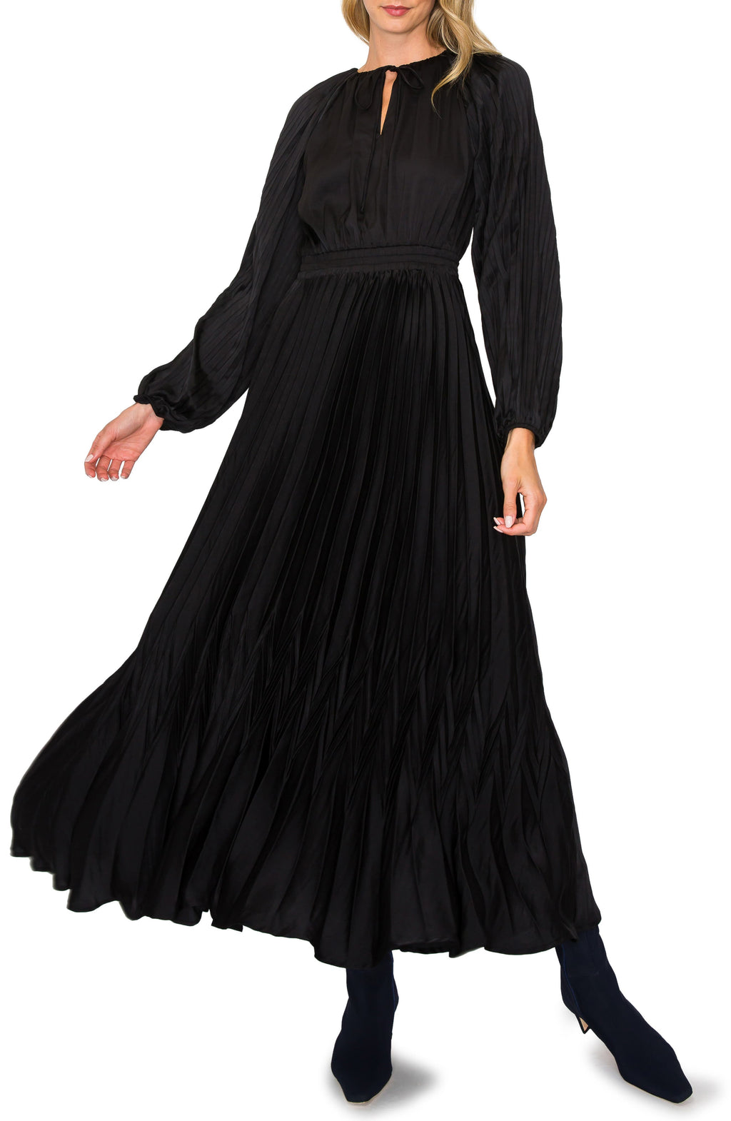 MELLODAY Pleated Long Sleeve Satin Maxi Dress, Main, color, BLACK