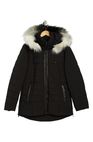 DONNA KARAN NEW YORK Zip Bib Faux Fur Hooded Puffer Jacket, Alternate, color, BLACK