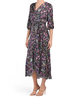 Three-quarter Sleeve Floral Wrap Midi Dress
