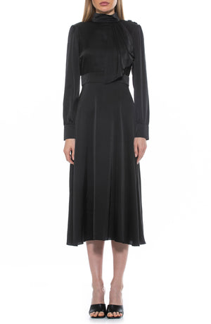 ALEXIA ADMOR Mock Neck Satin Midi Dress, Main, color, BLACK