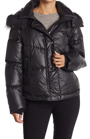 ANDREW MARC Minna Faux Fur Trim Hooded Puffer Jacket, Main, color, BLACK