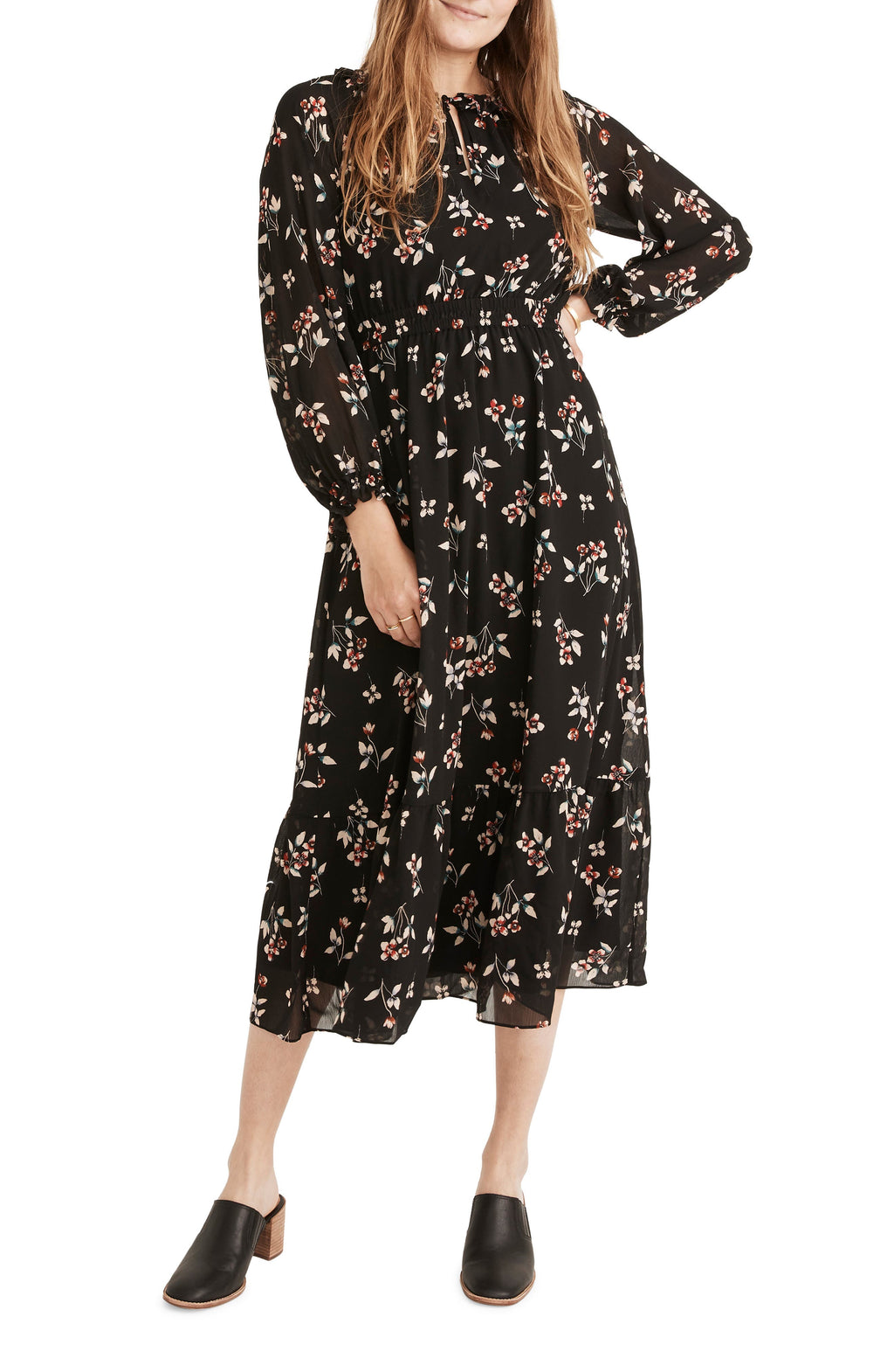 MADEWELL Posy Floral Gathered Neck Ruffle Dress, Main, color, TRUE BLACK