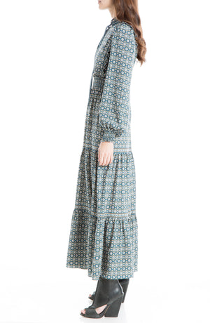 MAX STUDIO Elbow Sleeve Tier Maxi Dress, Alternate, color, TEAL GRAPHIC SUNFLOWER