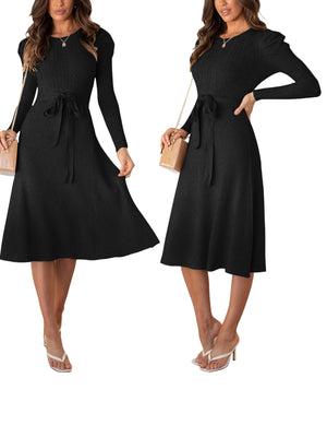Women Puff Sleeve Maxi Long Dress A-Line Belted Midi Dresses Solid Color Tie Back Knitted Sweater Dress Night Wear - image 8 of 10
