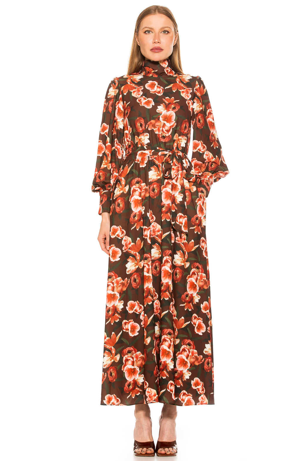 Alexia Admor Saliah Mockneck Blouson Sleeve Dress, Main, color, BROWN FLORAL