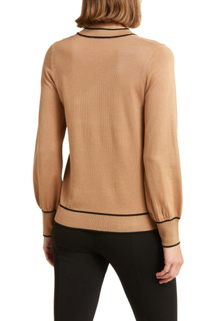 ADRIANNA PAPELL Tipped Bow Neck Sweater, Alternate, color, SOFT CAMEL/ BLACK