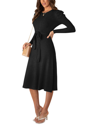 Women Puff Sleeve Maxi Long Dress A-Line Belted Midi Dresses Solid Color Tie Back Knitted Sweater Dress Night Wear - image 3 of 10