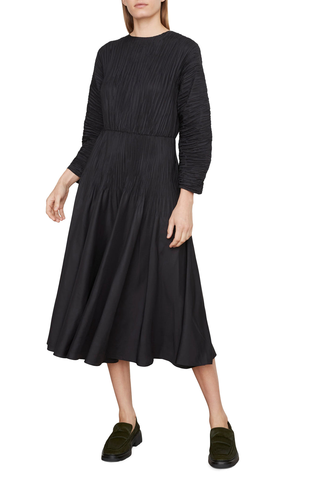 Vince Micro Pleated Long Sleeve Midi Dress, Main, color, BLACK