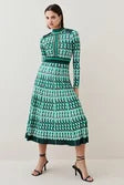 Geo Jacquard Knit Dress With Pleated Midi Skirt