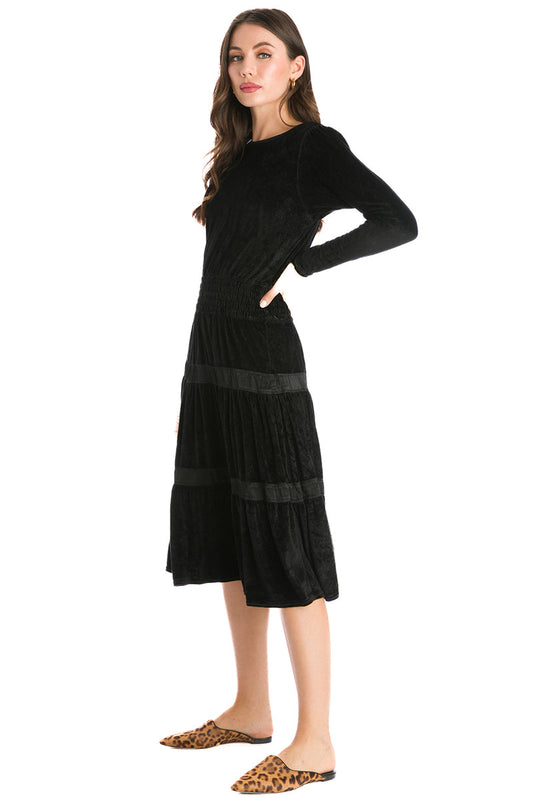 Pane Velour Smocked Waist Boho Dress