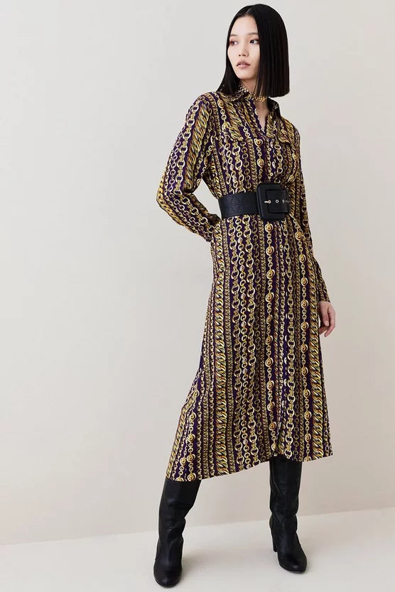 Chain Printed Woven Midi Shirt Dress