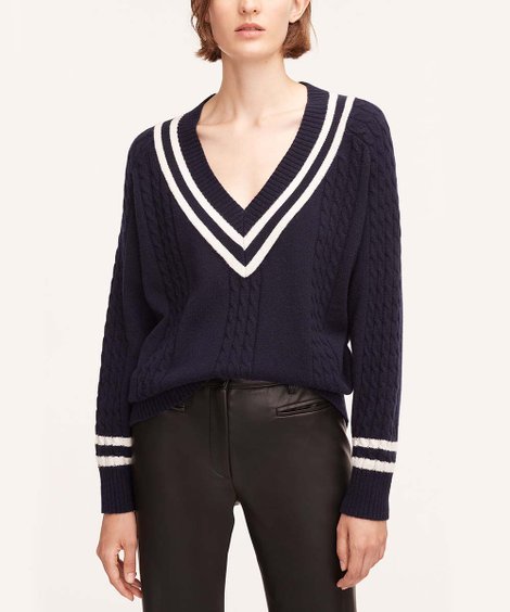 Navy & White Stripe Wool-Blend V-Neck Top - Women